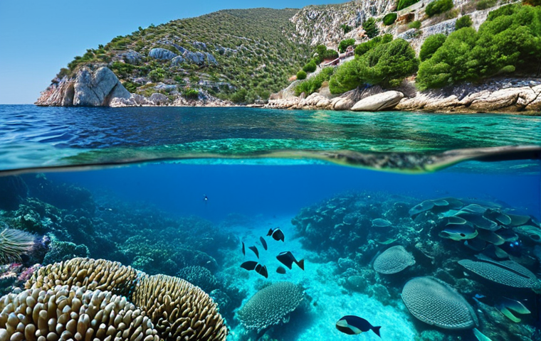 **Image Prompt:** A scenic view of the Turkish coastline near Kaş, featuring a vibrant underwater ecosystem with diverse fish species thriving inside a Marine Protected Area (MPA). In the background, a local fisherman smiles as he hauls in a sustainable catch. The scene emphasizes the positive impact of MPA's on local communities and biodiversity. Include clear, turquoise water and healthy coral reefs.