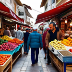 **Prompt:** A bustling local market in Antalya, Turkey, overflowing with fresh fruits, vegetables, spices, and textiles. Capture the vibrant colors and the energy of the vendors and shoppers interacting. Focus on the authenticity of the scene, showcasing traditional Turkish goods and the everyday life of the people.
