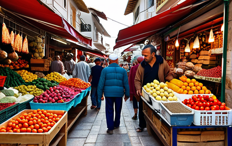 **Prompt:** A bustling local market in Antalya, Turkey, overflowing with fresh fruits, vegetables, spices, and textiles. Capture the vibrant colors and the energy of the vendors and shoppers interacting. Focus on the authenticity of the scene, showcasing traditional Turkish goods and the everyday life of the people.