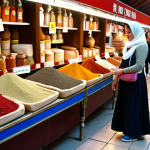 **Image Prompt:** A woman exploring a bustling Turkish bazaar, wearing comfortable walking shoes, a long skirt, and a light scarf, examining colorful spices. Focus on the vibrant atmosphere and cultural immersion.