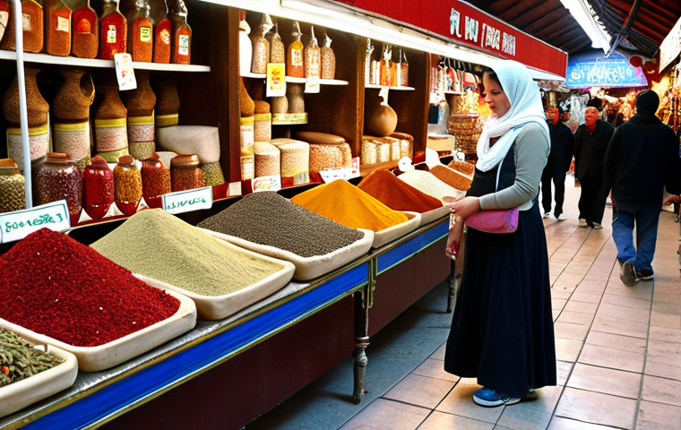 **Image Prompt:** A woman exploring a bustling Turkish bazaar, wearing comfortable walking shoes, a long skirt, and a light scarf, examining colorful spices. Focus on the vibrant atmosphere and cultural immersion.