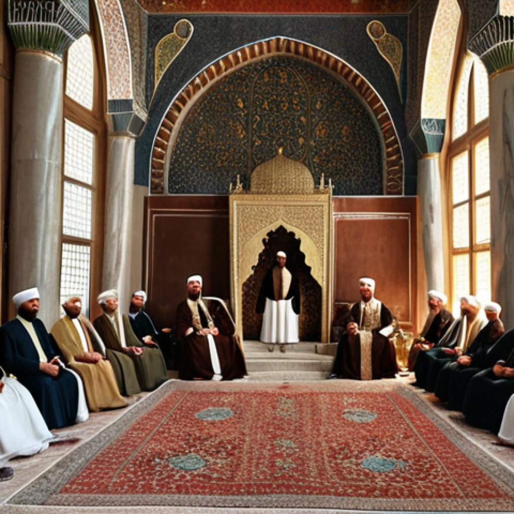 **Suleiman the Magnificent in Topkapi Palace:** A grand hall in Topkapi Palace, filled with courtiers. Suleiman, adorned in royal attire, sits on his throne. Hürrem Sultan stands beside him, radiating intelligence and power. Janissaries are visible in the background, stoic and disciplined. The scene is rich in detail, capturing the opulence and intrigue of the Ottoman court.