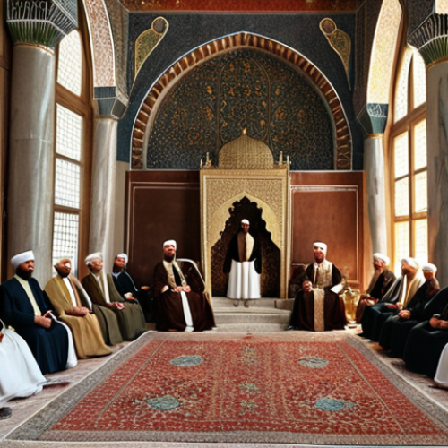 **Suleiman the Magnificent in Topkapi Palace:** A grand hall in Topkapi Palace, filled with courtiers. Suleiman, adorned in royal attire, sits on his throne. Hürrem Sultan stands beside him, radiating intelligence and power. Janissaries are visible in the background, stoic and disciplined. The scene is rich in detail, capturing the opulence and intrigue of the Ottoman court.