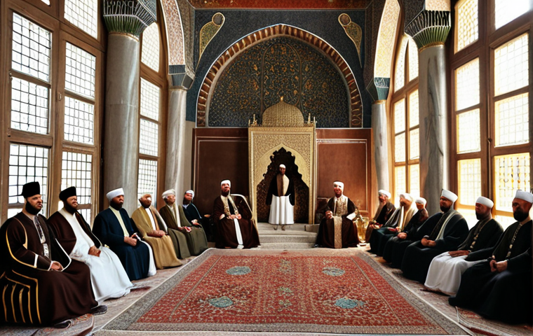**Suleiman the Magnificent in Topkapi Palace:** A grand hall in Topkapi Palace, filled with courtiers. Suleiman, adorned in royal attire, sits on his throne. Hürrem Sultan stands beside him, radiating intelligence and power. Janissaries are visible in the background, stoic and disciplined. The scene is rich in detail, capturing the opulence and intrigue of the Ottoman court.