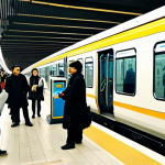 A diverse group of travelers and locals (perfect anatomy, natural body proportions, well-formed hands) at a bustling, modern Istanbul metro station. They are fully clothed in modest, professional, and comfortable travel attire. In the foreground, one person interacts with a bright yellow Istanbulkart automated machine, while another taps their card at a sleek turnstile, entering the metro area. In the background, a clean, modern metro train is arriving at the platform. The station is well-lit, with clear signage in multiple languages. The scene exudes efficiency and convenience, highlighting the ease of public transport access. high-quality professional photography, correct proportions, natural pose, safe for work, appropriate content, family-friendly.