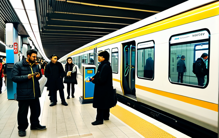 A diverse group of travelers and locals (perfect anatomy, natural body proportions, well-formed hands) at a bustling, modern Istanbul metro station. They are fully clothed in modest, professional, and comfortable travel attire. In the foreground, one person interacts with a bright yellow Istanbulkart automated machine, while another taps their card at a sleek turnstile, entering the metro area. In the background, a clean, modern metro train is arriving at the platform. The station is well-lit, with clear signage in multiple languages. The scene exudes efficiency and convenience, highlighting the ease of public transport access. high-quality professional photography, correct proportions, natural pose, safe for work, appropriate content, family-friendly.