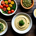 A professional flat lay photograph showcasing a vibrant and diverse array of Turkish vegetarian mezze and fresh salads. The composition features traditional small ceramic and earthenware bowls filled with creamy hummus, smoky baba ghanoush, spicy acılı ezme, savory mercimek köftesi, and a crisp çoban salatası. Fresh ingredients like ripe tomatoes, cucumbers, herbs, and glistening olive oil are prominently displayed on a rustic wooden table. The background provides a subtle, blurred hint of a cozy, authentic Turkish restaurant interior. Professional food photography, high quality, high resolution, natural light, safe for work, appropriate content, family-friendly.