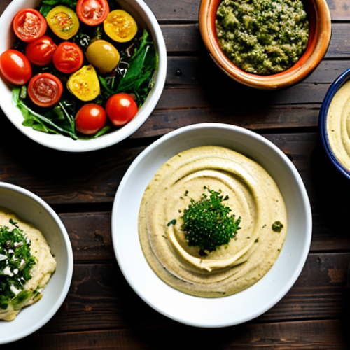 A professional flat lay photograph showcasing a vibrant and diverse array of Turkish vegetarian mezze and fresh salads. The composition features traditional small ceramic and earthenware bowls filled with creamy hummus, smoky baba ghanoush, spicy acılı ezme, savory mercimek köftesi, and a crisp çoban salatası. Fresh ingredients like ripe tomatoes, cucumbers, herbs, and glistening olive oil are prominently displayed on a rustic wooden table. The background provides a subtle, blurred hint of a cozy, authentic Turkish restaurant interior. Professional food photography, high quality, high resolution, natural light, safe for work, appropriate content, family-friendly.