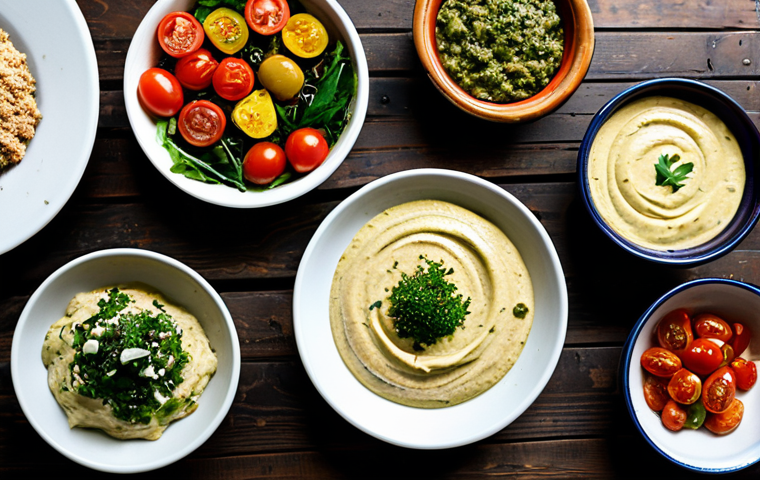 A professional flat lay photograph showcasing a vibrant and diverse array of Turkish vegetarian mezze and fresh salads. The composition features traditional small ceramic and earthenware bowls filled with creamy hummus, smoky baba ghanoush, spicy acılı ezme, savory mercimek köftesi, and a crisp çoban salatası. Fresh ingredients like ripe tomatoes, cucumbers, herbs, and glistening olive oil are prominently displayed on a rustic wooden table. The background provides a subtle, blurred hint of a cozy, authentic Turkish restaurant interior. Professional food photography, high quality, high resolution, natural light, safe for work, appropriate content, family-friendly.
