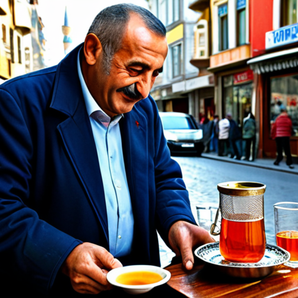 A candid street photograph capturing a kind-faced Turkish tea vendor, a middle-aged man, fully clothed in modest, professional attire, offering a cup of traditional Turkish tea to a patron. The bustling street in Istanbul serves as the vibrant background, showcasing rich colors, historic architecture, and the lively atmosphere of local commerce. The scene is illuminated by natural light, creating captivating interplay of light and shadow, highlighting textures of clothing and surroundings. Perfect anatomy, correct proportions, natural pose, well-formed hands, proper finger count, natural body proportions. High-resolution, professional photography, safe for work, appropriate content, family-friendly.