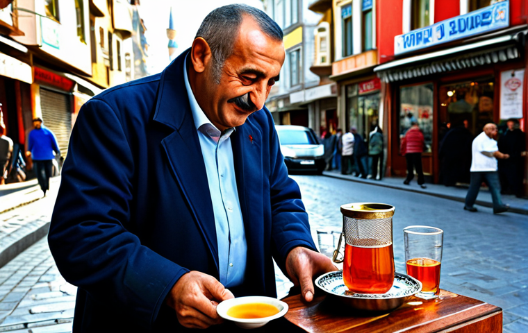A candid street photograph capturing a kind-faced Turkish tea vendor, a middle-aged man, fully clothed in modest, professional attire, offering a cup of traditional Turkish tea to a patron. The bustling street in Istanbul serves as the vibrant background, showcasing rich colors, historic architecture, and the lively atmosphere of local commerce. The scene is illuminated by natural light, creating captivating interplay of light and shadow, highlighting textures of clothing and surroundings. Perfect anatomy, correct proportions, natural pose, well-formed hands, proper finger count, natural body proportions. High-resolution, professional photography, safe for work, appropriate content, family-friendly.