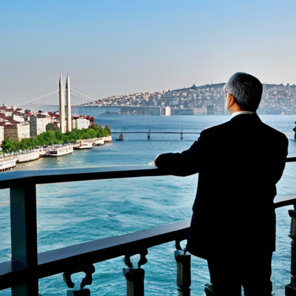 A professional cultural historian, fully clothed in modest, contemporary business attire, stands thoughtfully on a high vantage point overlooking the historic Bosphorus in Istanbul. In the background, ancient Byzantine and Ottoman architectural elements blend seamlessly with modern cityscapes, symbolizing the enduring blend of Eastern and Western influences. The scene captures the essence of cultural exchange and historical depth at a significant crossroads. The image is safe for work, appropriate content, perfect anatomy, natural pose, well-formed hands, proper finger count, correct proportions, professional photography, high quality, family-friendly.
