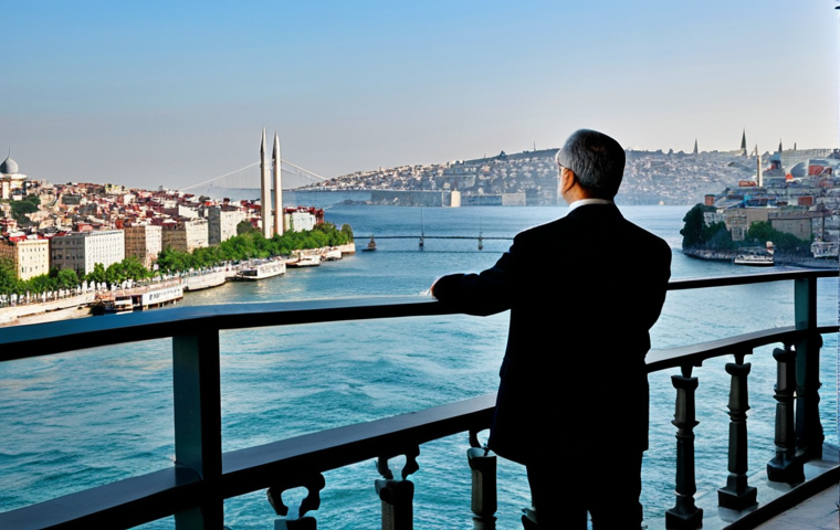 A professional cultural historian, fully clothed in modest, contemporary business attire, stands thoughtfully on a high vantage point overlooking the historic Bosphorus in Istanbul. In the background, ancient Byzantine and Ottoman architectural elements blend seamlessly with modern cityscapes, symbolizing the enduring blend of Eastern and Western influences. The scene captures the essence of cultural exchange and historical depth at a significant crossroads. The image is safe for work, appropriate content, perfect anatomy, natural pose, well-formed hands, proper finger count, correct proportions, professional photography, high quality, family-friendly.