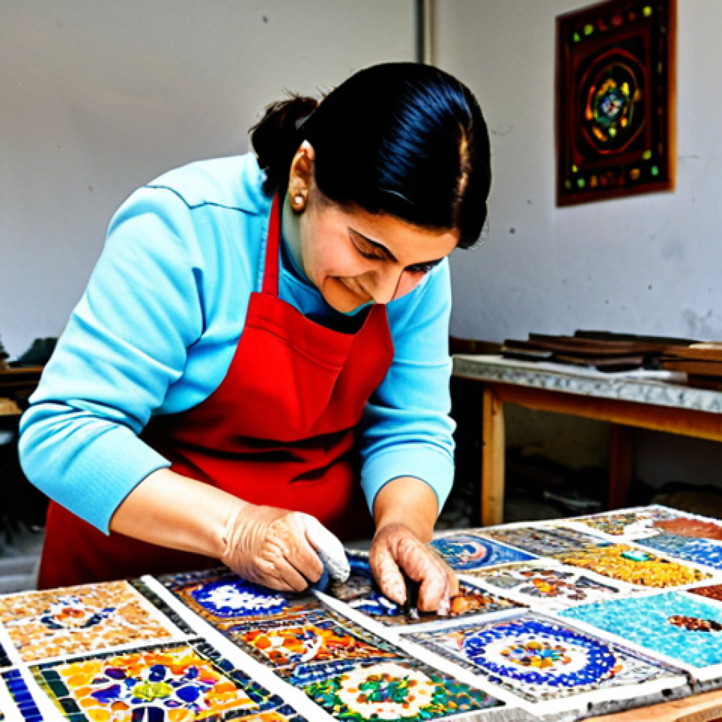 Mosaic Workshop in Gaziantep**
"A brightly lit workshop in Gaziantep, Turkey. A woman in a colorful, fully clothed outfit is carefully placing small tiles onto a mosaic design. An older Turkish craftsman with a kind face is gently guiding her. Various colorful mosaic tiles and tools are scattered on the workbench. In the background, completed mosaic artworks are displayed. Safe for work, appropriate content, fully clothed, professional, perfect anatomy, natural proportions, high quality, family-friendly."
**