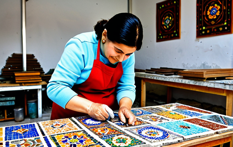 Mosaic Workshop in Gaziantep**
"A brightly lit workshop in Gaziantep, Turkey. A woman in a colorful, fully clothed outfit is carefully placing small tiles onto a mosaic design. An older Turkish craftsman with a kind face is gently guiding her. Various colorful mosaic tiles and tools are scattered on the workbench. In the background, completed mosaic artworks are displayed. Safe for work, appropriate content, fully clothed, professional, perfect anatomy, natural proportions, high quality, family-friendly."
**