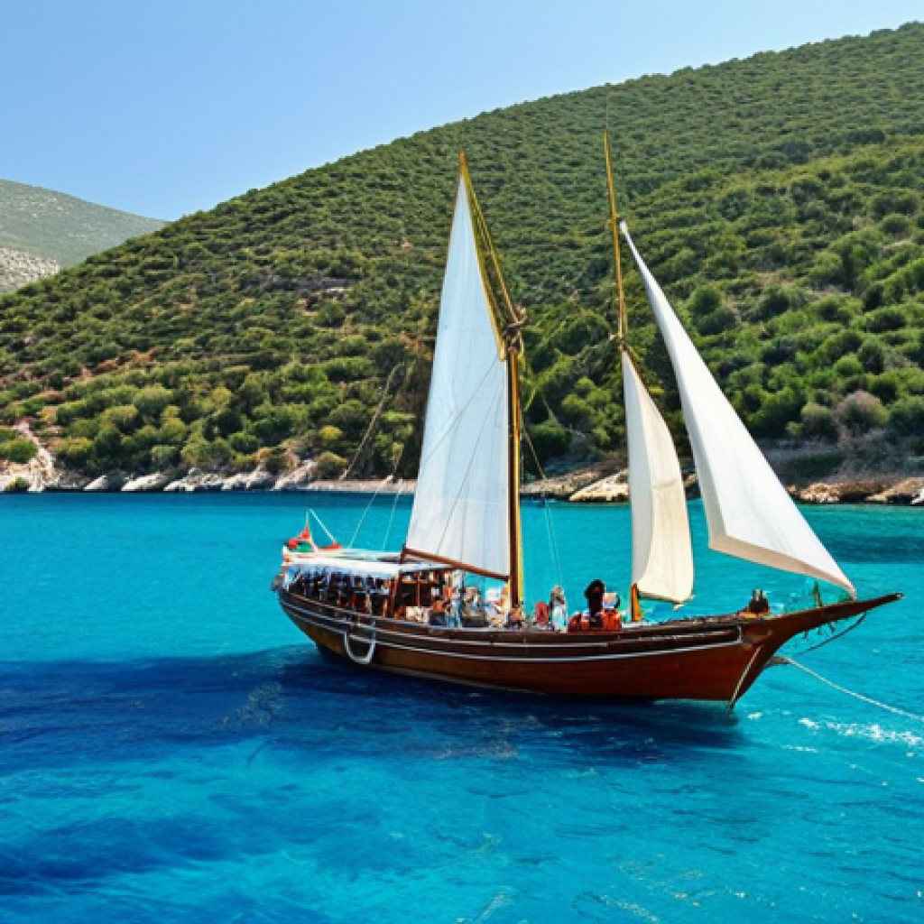 Gület sailing along the Turkish Aegean Coast**
"A traditional wooden Gület sailing on the crystal-clear turquoise waters of the Turkish Aegean. Lush green hillsides meet the coastline. A fully clothed family enjoys lunch on the deck. The scene is bathed in warm sunlight. Safe for work, appropriate content, fully clothed, professional photography, perfect anatomy, natural proportions, family-friendly, vibrant colors, clear details."
**