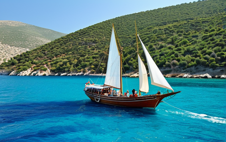 Gület sailing along the Turkish Aegean Coast**
"A traditional wooden Gület sailing on the crystal-clear turquoise waters of the Turkish Aegean. Lush green hillsides meet the coastline. A fully clothed family enjoys lunch on the deck. The scene is bathed in warm sunlight. Safe for work, appropriate content, fully clothed, professional photography, perfect anatomy, natural proportions, family-friendly, vibrant colors, clear details."
**