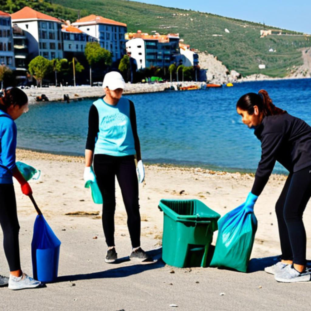 Coastal Cleanup**
"A diverse group of volunteers, fully clothed in appropriate outdoor wear, cleaning up trash on a sunny Turkish beach. Focus on the act of picking up litter. In the background, a sparkling blue sea meets a coastline dotted with modest buildings. Safe for work, appropriate content, perfect anatomy, correct proportions, natural pose, well-formed hands, proper finger count, natural body proportions, professional quality."
**