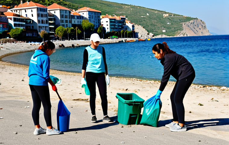 Coastal Cleanup**
"A diverse group of volunteers, fully clothed in appropriate outdoor wear, cleaning up trash on a sunny Turkish beach. Focus on the act of picking up litter. In the background, a sparkling blue sea meets a coastline dotted with modest buildings. Safe for work, appropriate content, perfect anatomy, correct proportions, natural pose, well-formed hands, proper finger count, natural body proportions, professional quality."
**