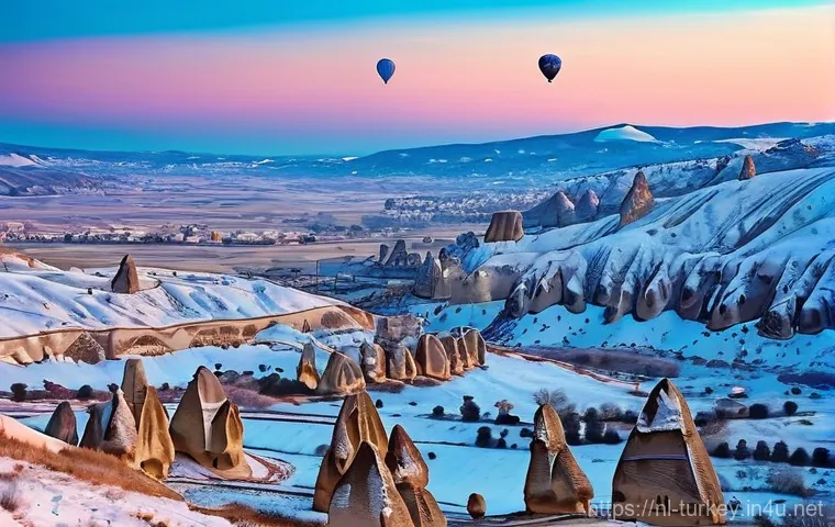 튀르키예의 겨울 축제와 이벤트 - **"Cappadocia Winter Sunrise with Hot Air Balloons"**
A breathtaking, high-definition photograph...