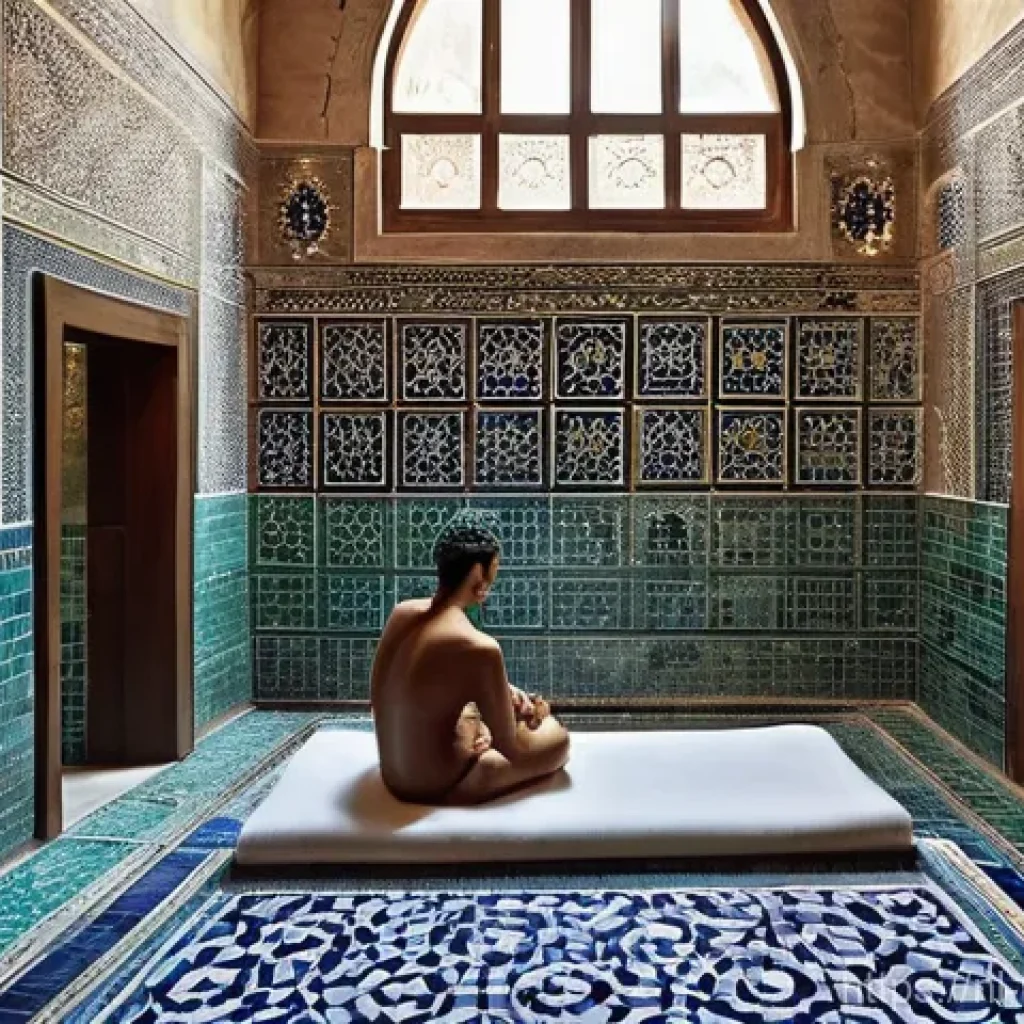 튀르키예로 떠나는 힐링 여행 - **A Serene Turkish Hamam Ritual:** A warm, inviting interior of a traditional Turkish hamam. Sunligh...