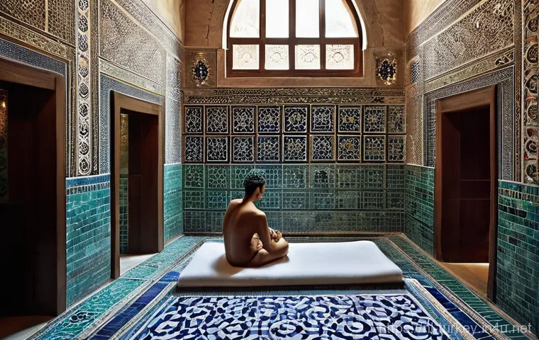 튀르키예로 떠나는 힐링 여행 - **A Serene Turkish Hamam Ritual:** A warm, inviting interior of a traditional Turkish hamam. Sunligh...