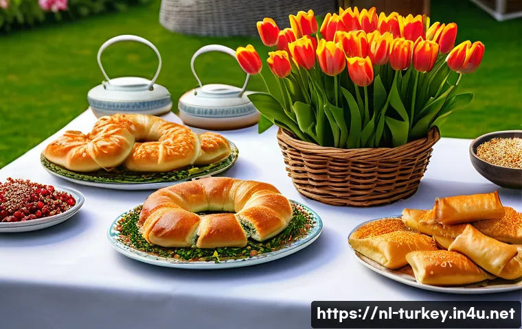 튀르키예의 전통적 명절 요리 - A vibrant Turkish festive table set outdoors during springtime in the Netherlands, featuring traditi...