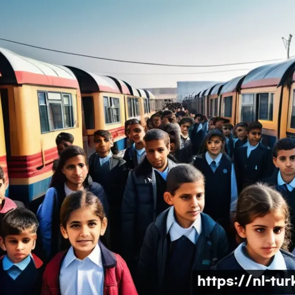 튀르키예 시리아 난민 문제 - A detailed urban scene near the Turkey-Syria border showing overcrowded public infrastructure: packe...