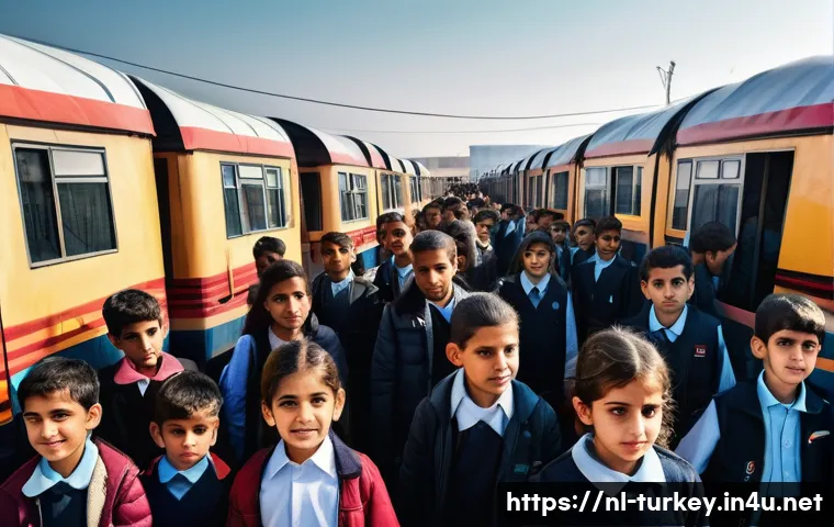 튀르키예 시리아 난민 문제 - A detailed urban scene near the Turkey-Syria border showing overcrowded public infrastructure: packe...