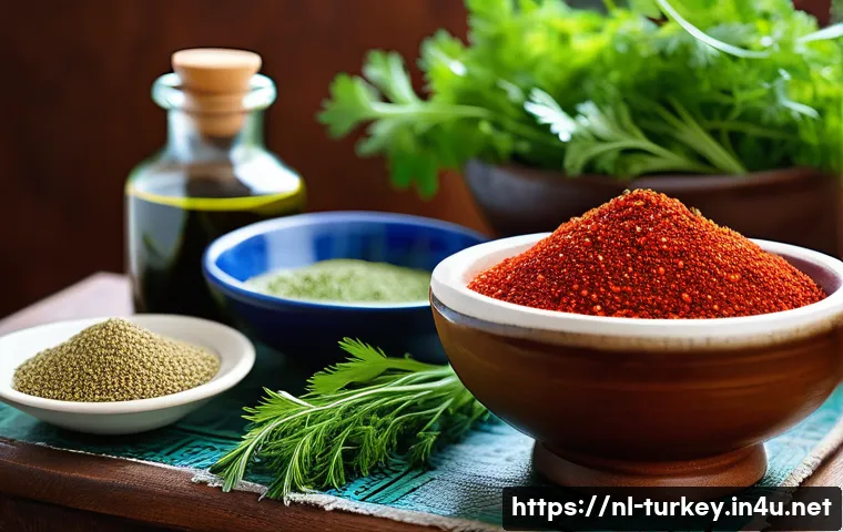 튀르키예 요리의 기본 재료 - A vibrant Turkish kitchen scene showcasing a rustic wooden table filled with traditional ingredients...
