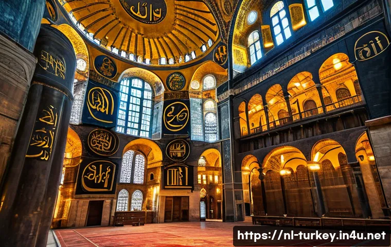 튀르키예의 주요 유적지 가이드 - A majestic interior view of Hagia Sophia in Istanbul, showcasing the enormous floating dome adorned ...