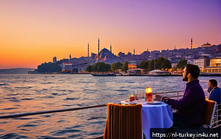 튀르키예 신혼여행 추천 루트 - A romantic sunset stroll along the Bosporus waterfront in Istanbul, featuring a couple wearing elega...