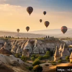 튀르키예에서 찍은 유명 영화 촬영지 - A breathtaking panoramic view of Cappadocia at sunrise, showcasing its iconic limestone fairy chimne...