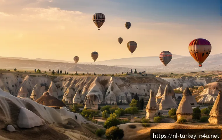 튀르키예에서 찍은 유명 영화 촬영지 - A breathtaking panoramic view of Cappadocia at sunrise, showcasing its iconic limestone fairy chimne...