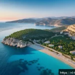 튀르키예에서의 드론 촬영 명소 - A breathtaking aerial view of the Turkish Riviera coastline at sunrise, showcasing the vivid turquoi...
