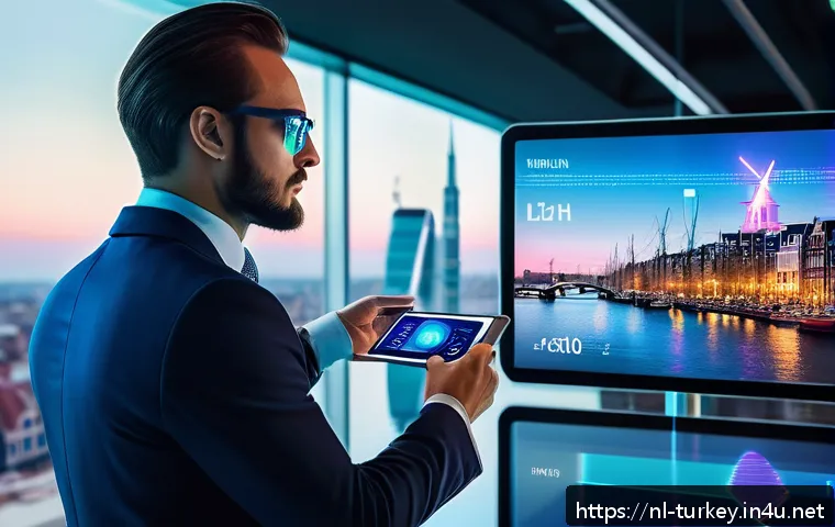 튀르키예 독특한 경제 관련 뉴스 - A futuristic financial scene depicting a Dutch investor analyzing digital currency trends on multipl...