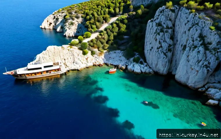 튀르키예 독특한 해양 관련 풍경 - Photorealistic aerial view of Türkiye’s Turquoise Coast, a secluded Mediterranean cove with crystal-...