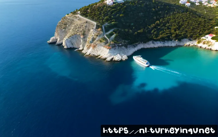 튀르키예 주요 섬 관광 루트 - Photorealistic aerial travel scene of a Turkish Aegean island-hopping route, a small white passenger...