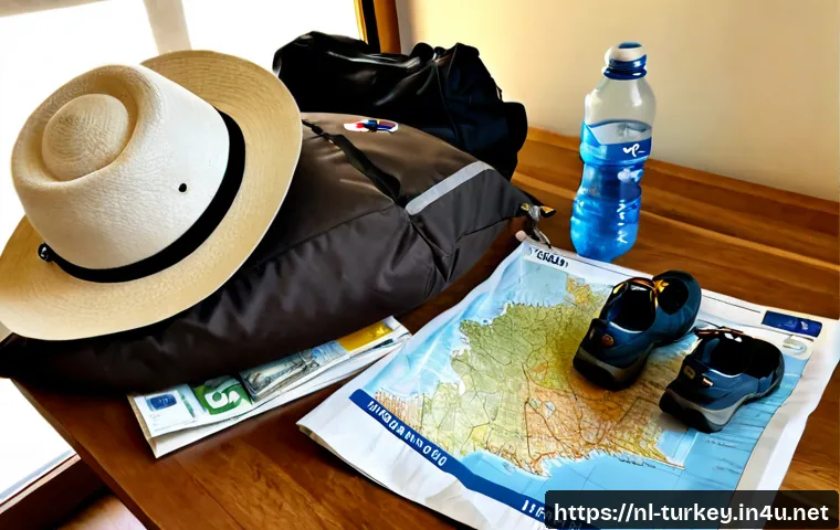 튀르키예에서의 도보 여행 준비 - Photorealistic flat-lay of a Dutch traveler’s walking-tour preparation for Türkiye: sturdy hiking bo...