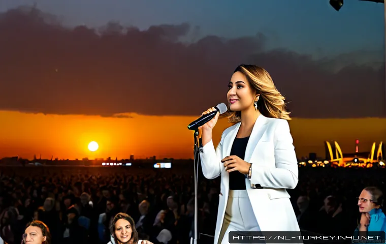튀르키예에서의 대중 가수들 - Photorealistic Turkish pop singer performing on an open-air festival stage in Rotterdam, stylish adu...